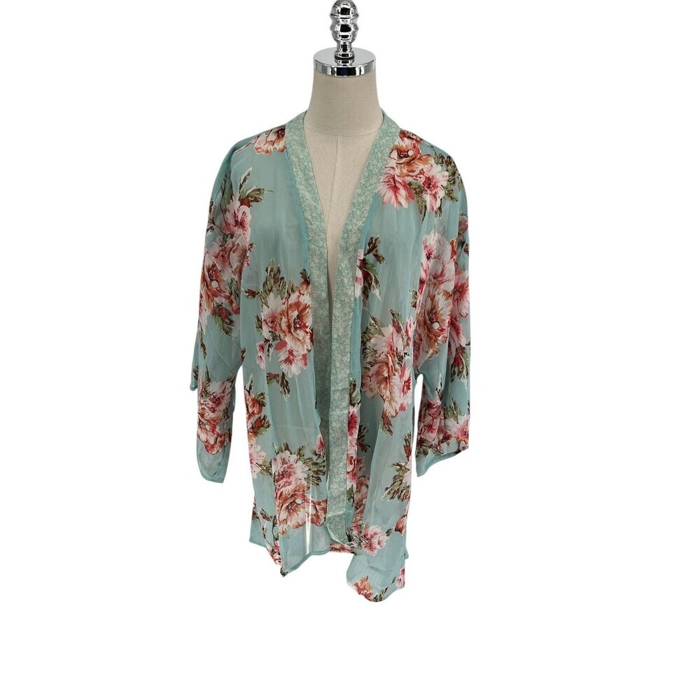 B.O.G Collective Kimono Cardigan Women's Size XS/S Mint Floral Sheer Boho